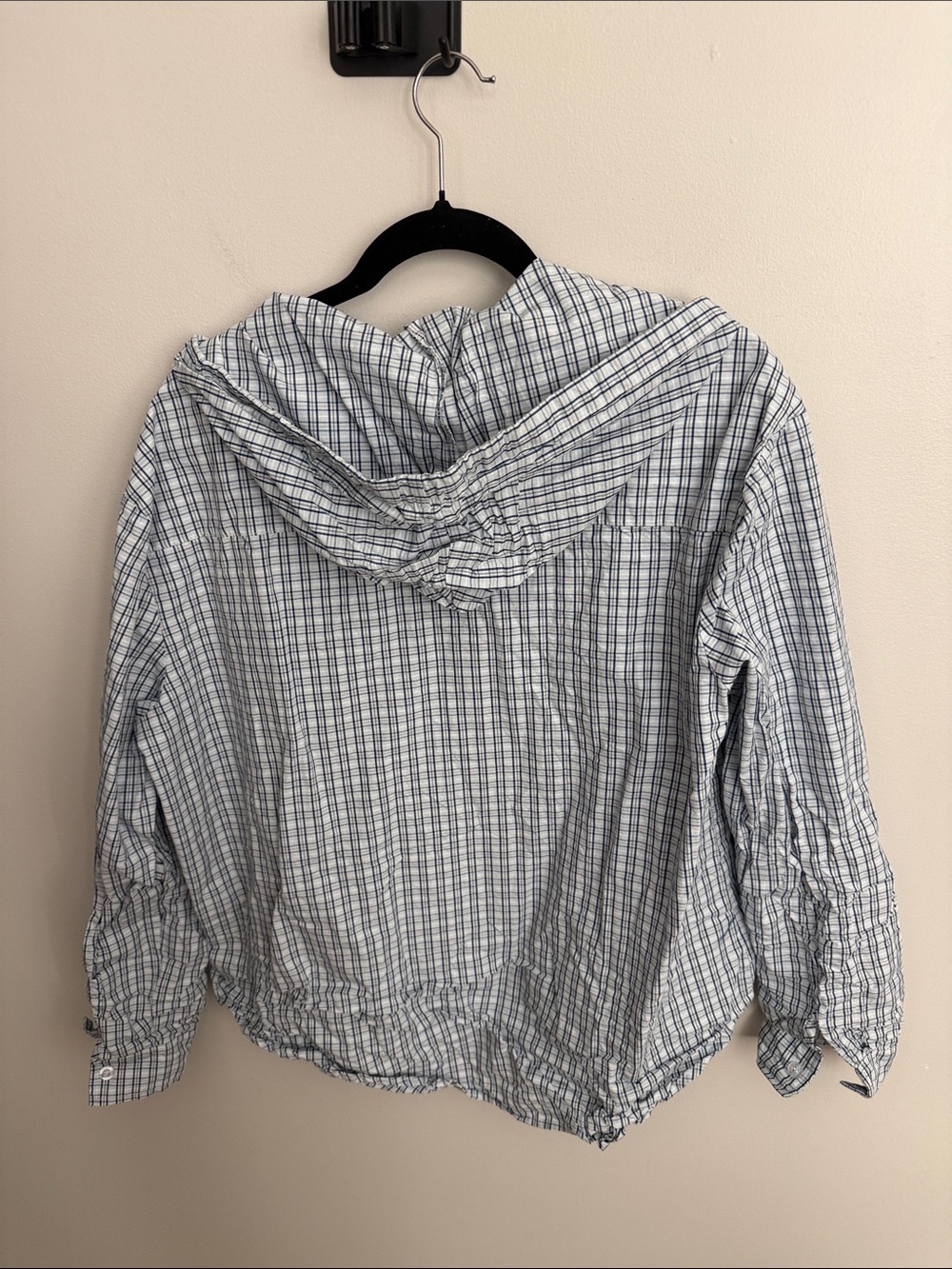 Plaid Hooded Button-Up Shirt with Red & Blue Tie Accents - Picture 2 of 4